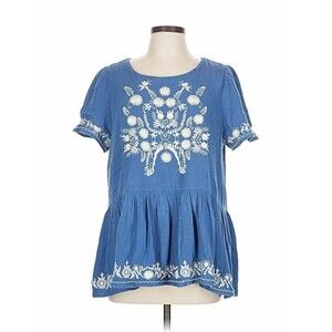 FARMERS MARKET Embroidered Boho Floral Peplum Cottagecore Blouse, Blue Ivory- L